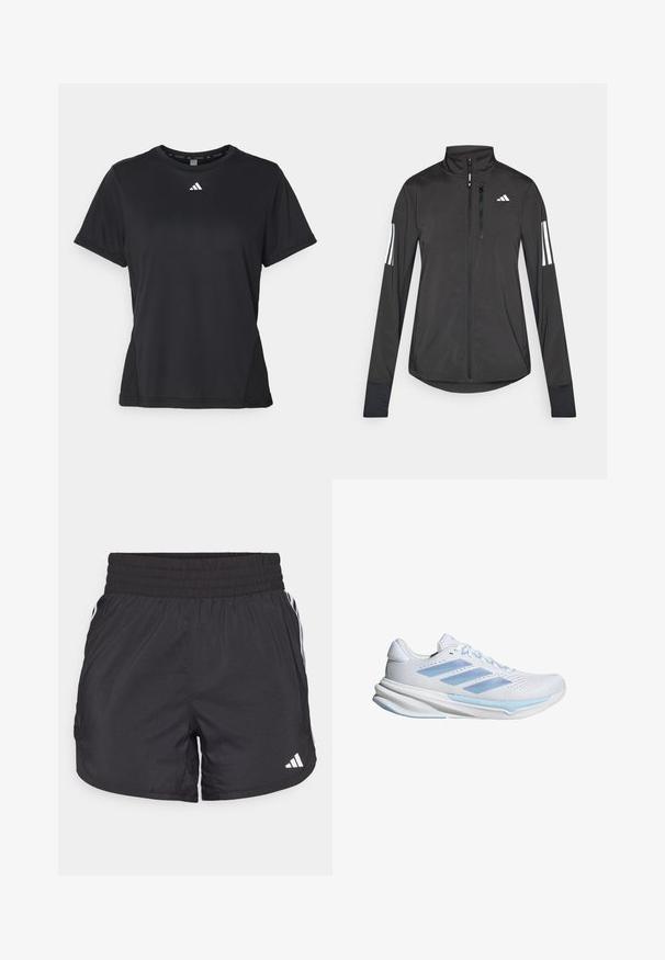 Zwarte sportjack gemaakt van lichtgewicht materiaal. Voorzien van een ritssluiting aan de voorkant, hoge kraag en drie witte strepen op elke mouw.; Zwart sportshirt met korte mouwen, ronde halslijn en een wit logo op de borst. Gemaakt van een gladde, rekbare stof.; Zwarte sportieve shorts met een elastische tailleband, zijzakken en witte streepaccenten aan de zijkanten. Gemaakt van lichtgewicht materiaal.; Witte hardloopschoenen met lichtblauwe accenten, ademend mesh bovenwerk, drie-stripes ontwerp, gevoerde zool en getextureerde tractiezool.