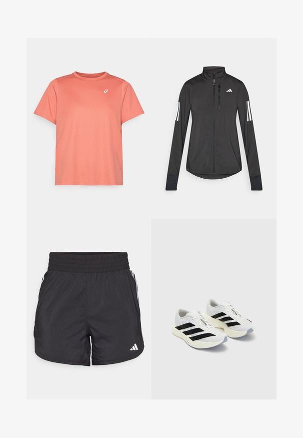 Jachetă sport neagră din material ușor. Are un fermoar frontal, guler înalt și trei dungi albe pe fiecare manșon.; Tricou sportiv cu mânecă scurtă, de culoare corai, realizat dintr-un material texturat, cu gât rotund și un mic logo alb în partea stângă sus a pieptului.; Șorturi atletice negre, cu talie elastică, buzunare laterale și accente albe pe laterale. Fabricate dintr-un material ușor.; Încălțăminte sport albă cu dungi negre și branding, având un guler din plasă, vârf rotund și o talpă groasă de crem pentru amortizare.