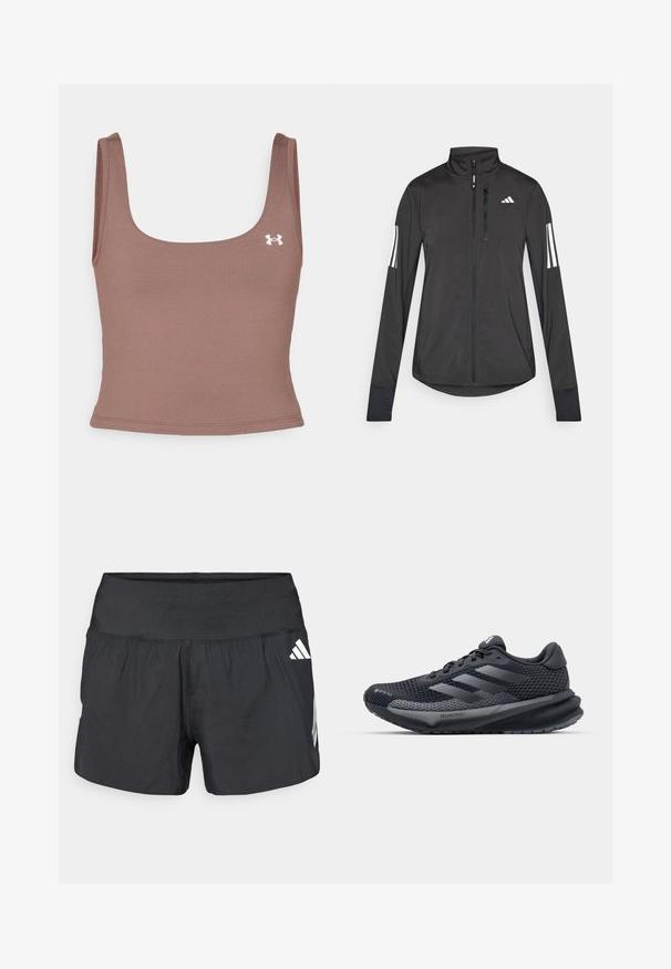 Giacchetto sportivo nero realizzato in materiale leggero. Presenta una chiusura frontale con zip, colletto alto e tre strisce bianche su ciascun manica.; Top corto marrone con scollo quadrato, realizzato in un tessuto liscio ed elasticizzato. Presenta un piccolo logo bianco sul lato sinistro.; Pantaloncini sportivi neri con una fascia elastica larga in vita, tessuto leggero e dettagli del logo bianco sul lato inferiore.; Scarpa da ginnastica nera con parte superiore in rete testurizzata, dettagli riflettenti, suola ammortizzata e design affusolato. Presenta il logo a tre strisce.