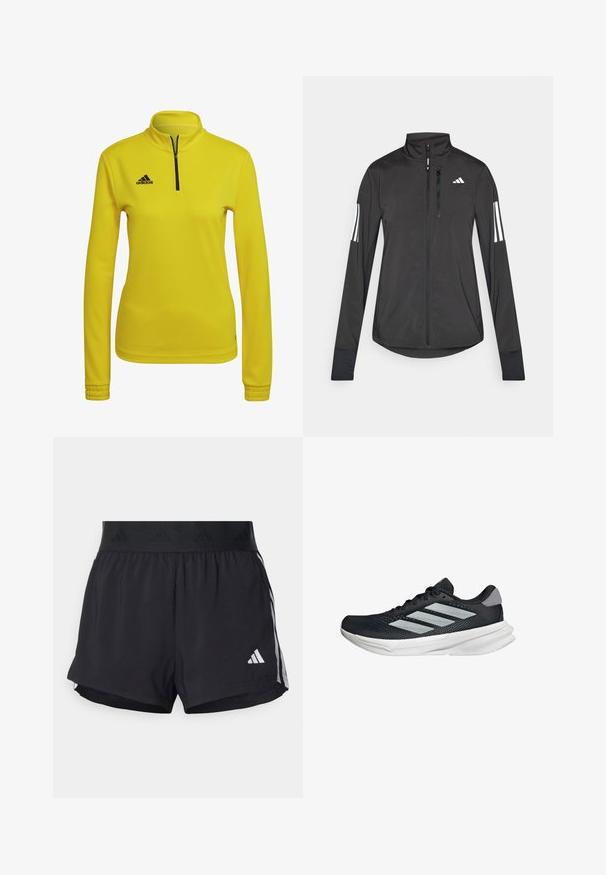 Schwarze Sportjacke aus leichtem Material. Mit einem Frontreißverschluss, hohem Kragen und drei weißen Streifen an jedem Ärmel.; Gelbes sportliches Sweatshirt mit einem Viertel-Reißverschluss-Kragen, langen Ärmeln und schwarzem Adidas-Logo auf der oberen linken Brust. Glattes, strukturiertes Material.; Schwarze Sportshorts mit einem elastischen Bund, ausgestattet mit einem strukturierten Band, seitlichen Streifen und einem weißen Adidas-Logo am unteren Saum.; Schwarzer Laufschuh mit Mesh-Obermaterial, drei silbernen Streifen, weißer Zwischensohle und strukturiertem Außensohle. Verfügt über einen gepolsterten Schaft und eine Schnürung.