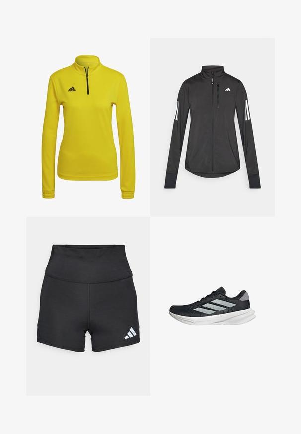 Giacchetto sportivo nero realizzato in materiale leggero. Presenta una chiusura frontale con zip, colletto alto e tre strisce bianche su ciascun manica.; Pullover atletico giallo con colletto a zip fino a un quarto, maniche lunghe e logo Adidas nero sul lato sinistro del petto. Tessuto liscio e texturizzato.; adidas Performance Leggings - black; Scarpa da corsa nera con tomaia in mesh, tre strisce argentate, intersuola bianca e suola testurizzata. Presenta un colletto imbottito e chiusura con lacci.