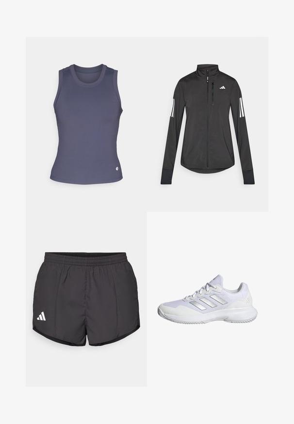 Svart treningsjakke laget av lett materiale. Har glidelås foran, høy krage og tre hvite striper på hver erme.; Sømløs tettsittende tank topp i mørk blå ribbestrikket stoff, med rund utringning og rund kant. Har en liten logo ved kanten.; Svart treningsshorts laget av lett materiale, med elastisk midje og en hvit Adidas-logo nederst til venstre.; Hvite treningssko med mesh-overdel, teksturerte paneler og sølvdetaljer. Har en polstret såle og rund tådesign.
