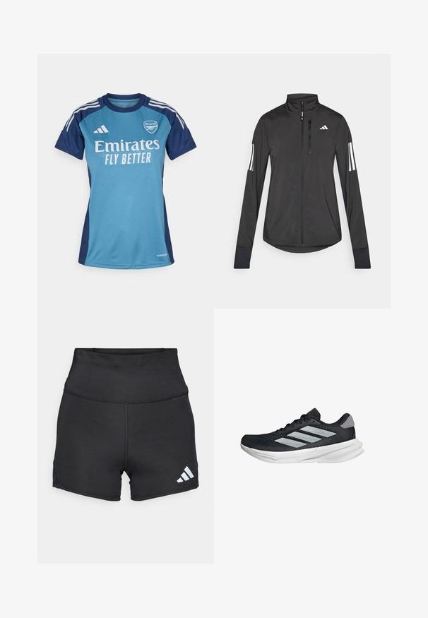 Black athletic jacket made of lightweight material. Features a front zipper, high collar, and three white stripes on each sleeve.; Turquoise and navy blue soccer jersey with short sleeves, featuring white "Emirates" logo, "FLY BETTER" text, and Adidas stripes.; adidas Performance Leggings - black; Black running shoe with mesh upper, three silver stripes, white midsole, and textured outsole. Features padded collar and lace closure.