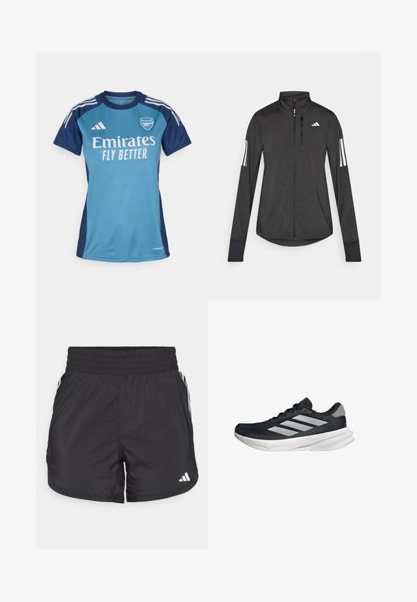 Chaqueta deportiva negra hecha de material ligero. Cuenta con una cremallera frontal, un cuello alto y tres franjas blancas en cada manga.; Camiseta de fútbol en tonos turquesa y azul marino, con mangas cortas, que presenta el logo blanco de "Emirates", el texto "FLY BETTER" y las franjas de Adidas.; Pantalones cortos deportivos negros con cintura elástica, bolsillos laterales y detalles de rayas blancas en los lados. Hechos de un material ligero.; Zapatilla de correr negra con parte superior de malla, tres franjas plateadas, media suela blanca y suela texturizada. Incluye un cuello acolchado y cierre de cordones.