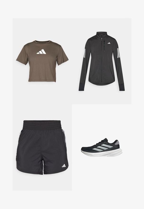 Sort atletisk jakke lavet af let materiale. Har en frontlynlås, høj krave og tre hvide striber på hver ærme.; Brun kortærmet t-shirt med rund halsudskæring og et hvidt Adidas-logo på forsiden. Glat stofstruktur.; Sorte atletiske shorts med elastisk talje, sidelommer og hvid stribeaccent på siderne. Fremstillet af letvægtsmateriale.; Sort løbesko med mesh-overdel, tre sølvstriber, hvid mellemsål og struktureret ydersål. Har polstret krave og snørelukning.