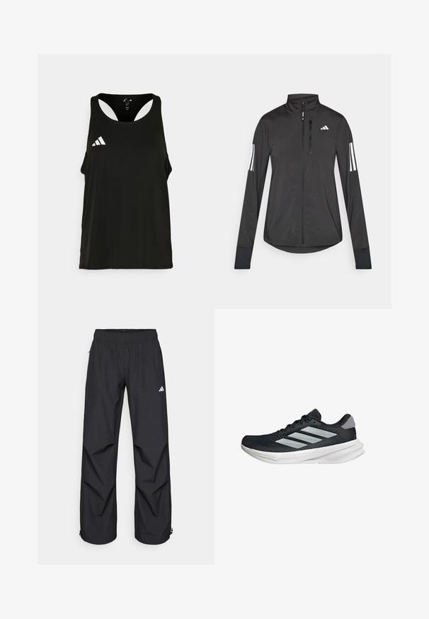 Chaqueta deportiva negra hecha de material ligero. Cuenta con una cremallera frontal, un cuello alto y tres franjas blancas en cada manga.; Top atlético negro sin mangas con escote redondo y diseño de espalda abierta. Presenta un logo blanco de Adidas en la parte izquierda del pecho. Fabricado en un tejido suave y ligero.; Pantalones negros, ligeros, impermeables, con una cintura elástica, bolsillos laterales y puños ajustables. Presenta un logo blanco en el muslo izquierdo.; Zapatilla de correr negra con parte superior de malla, tres franjas plateadas, media suela blanca y suela texturizada. Incluye un cuello acolchado y cierre de cordones.