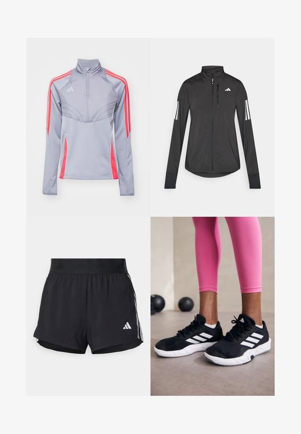 Black athletic jacket made of lightweight material. Features a front zipper, high collar, and three white stripes on each sleeve.; Light grey athletic jacket with pink accents, high collar, and zippered front. Features three stripes on each sleeve and textured design.; Black athletic shorts with an elastic waistband, featuring a textured band, side stripes, and a white Adidas logo on the lower hem.; Black athletic shoes with white stripes, textured mesh upper, and a white sole. Worn with pink leggings, showcasing training apparel.