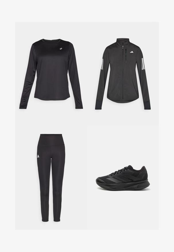 Veste de sport noire en matériau léger. Dotée d'une fermeture éclair sur le devant, d'un col haut et de trois rayures blanches sur chaque manche.; T-shirt d'entraînement à manches longues noir en tissu léger. Présente un col rond et un petit logo sur la poitrine. Texture lisse.; Leggings noires taille haute en tissu extensible. Présente un logo blanc sur le côté gauche et un design épuré sans coutures. Texture lisse.; Chaussure de course noire avec une tige en maille respirante, un bout arrondi, un design épuré, des accents texturés et une semelle rembourrée pour le confort.
