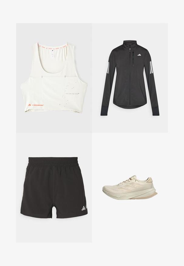 Černá atletická bunda vyrobená z lehkého materiálu. Má přední zip, vysoký límec a tři bílé pruhy na každém rukávu.; Bílý sportovní top s kulatým výstřihem, oranžovým značeným lemem a metalickým potiskem se textem "běhej s myslí". Obsahuje minimalistické designové prvky.; Černé sportovní šortky vyrobené z lehkého materiálu. Mají elastický pas, boční zipovou kapsu a reflexní logo na lemu.; Béžové běžecké boty s prodyšnou síťovinou, texturovaným povrchem, zakřivenou podrážkou a třemi pruhy po straně. Lehká a moderní.