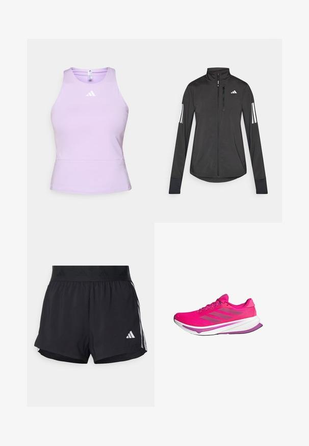 Black athletic jacket made of lightweight material. Features a front zipper, high collar, and three white stripes on each sleeve.; Lilac athletic tank top made of smooth fabric with a fitted design, featuring a crew neck and a white Adidas logo on the chest.; Black athletic shorts with an elastic waistband, featuring a textured band, side stripes, and a white Adidas logo on the lower hem.; Pink running shoes with a mesh upper, a white midsole, and purple accents. Three gray stripes on the side and a curved sole design.