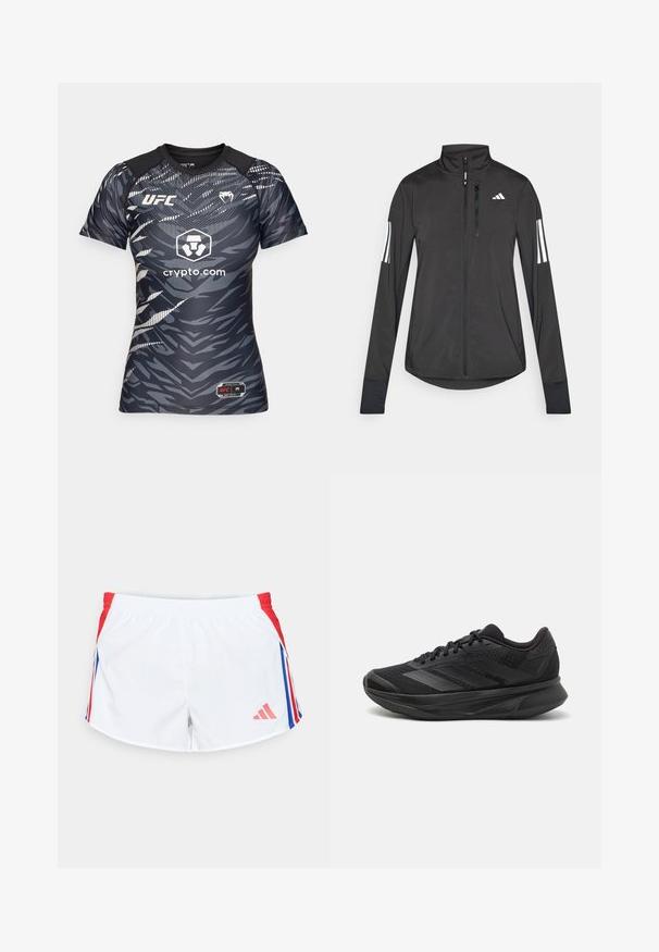 Black athletic jacket made of lightweight material. Features a front zipper, high collar, and three white stripes on each sleeve.; Short-sleeve, fitted UFC shirt in dark gray with a tiger stripe pattern, featuring a logo at the chest and contrasting black shoulders.; White sports shorts with red side panels featuring blue stripes. Elastic waistband and logo on the lower left side. Smooth fabric texture.; Black running shoe with a breathable mesh upper, rounded toe, sleek design, textured accents, and a cushioned sole for comfort.
