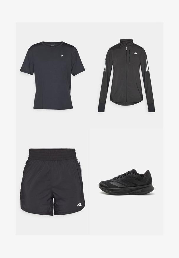 Black athletic jacket made of lightweight material. Features a front zipper, high collar, and three white stripes on each sleeve.; Black short-sleeve t-shirt made of smooth fabric. Features a round neckline and a small logo in white on the left chest area.; Black athletic shorts with an elastic waistband, side pockets, and white stripe accents on the sides. Made of lightweight material.; Black running shoe with a breathable mesh upper, rounded toe, sleek design, textured accents, and a cushioned sole for comfort.