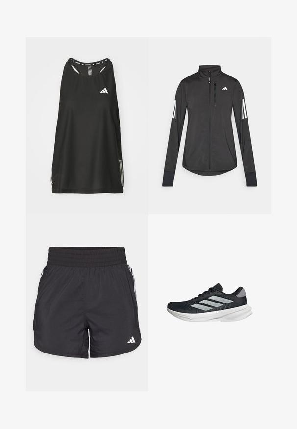 Chaqueta deportiva negra hecha de material ligero. Cuenta con una cremallera frontal, un cuello alto y tres franjas blancas en cada manga.; Top atlético sin mangas negro con cuello redondo. Presenta un logo blanco y tres rayas blancas a los lados; hecho de un tejido transpirable.; Pantalones cortos deportivos negros con cintura elástica, bolsillos laterales y detalles de rayas blancas en los lados. Hechos de un material ligero.; Zapatilla de correr negra con parte superior de malla, tres franjas plateadas, media suela blanca y suela texturizada. Incluye un cuello acolchado y cierre de cordones.