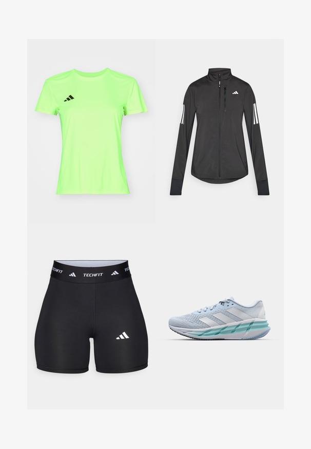 Melnā sporta jaka, izgatavota no viegla materiāla. Tajā ir priekšējais rāvējslēdzis, augsta apkakle un trīs baltas svītras katrā piedurknē.; adidas Performance ADIZERO TEE - Sporta krekli - lucid lemon; Melnas šortus, izgatavotus no elastīga auduma, ar pieguļošu dizainu. Iezīmēts ar plašu melnu jostasvietu, uz kuras ir uzraksts "TECHFIT", un ar baltu logotipu uz kājas.; Gaiši zili sporta apavi ar teksturētu adījuma augšpusi, baltām akcentiem un caurspīdīgu zaļu starpsoļu daļu. Apaļš purngals un mīkstināts apkakle.