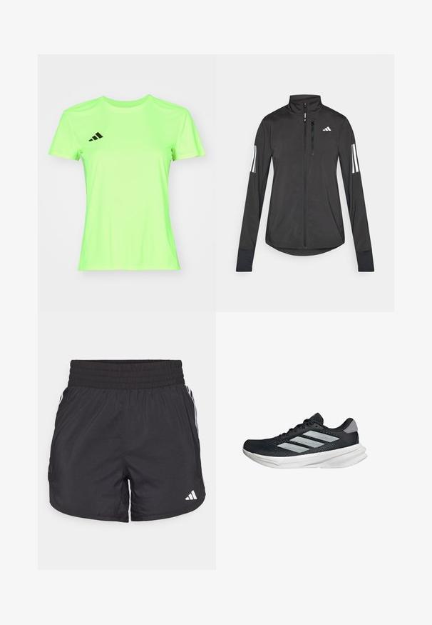 Černá atletická bunda vyrobená z lehkého materiálu. Má přední zip, vysoký límec a tři bílé pruhy na každém rukávu.; adidas Performance ADIZERO TEE - Sportovní tričko - lucid lemon; Černé sportovní šortky s elastickým pasem, bočními kapsami a bílými pruhy po stranách. Vyrobené z lehkého materiálu.; Černé běžecké boty s vrchní částí z prodyšné síťoviny, třemi stříbrnými pruhy, bílou mezipodešví a texturovanou podešví. Obsahují polstrovaný límec a šněrování.