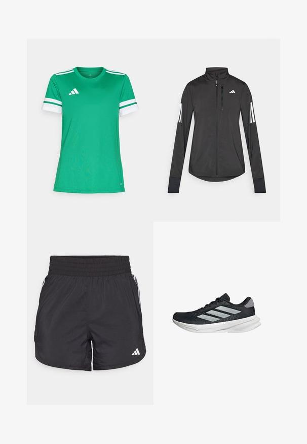 Chaqueta deportiva negra hecha de material ligero. Cuenta con una cremallera frontal, un cuello alto y tres franjas blancas en cada manga.; Camiseta deportiva verde de tejido ligero con cuello redondo, mangas a rayas blancas y un logo en la esquina superior izquierda.; Pantalones cortos deportivos negros con cintura elástica, bolsillos laterales y detalles de rayas blancas en los lados. Hechos de un material ligero.; Zapatilla de correr negra con parte superior de malla, tres franjas plateadas, media suela blanca y suela texturizada. Incluye un cuello acolchado y cierre de cordones.