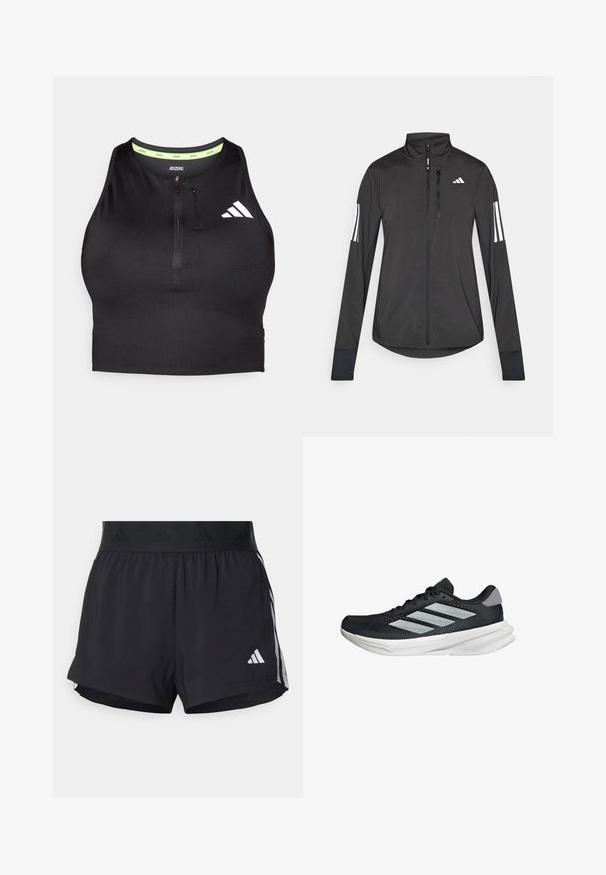Veste de sport noire en matériau léger. Dotée d'une fermeture éclair sur le devant, d'un col haut et de trois rayures blanches sur chaque manche.; Crop top de sport noir avec une fermeture éclair à l'avant, fabriqué à partir d'un tissu lisse. Présente un col intérieur vert et un logo blanc sur le côté.; Shorts de sport noirs avec une taille élastique, dotés d'une bande texturée, de rayures sur les côtés, et d'un logo Adidas blanc sur l'ourlet inférieur.; Baskets de course noires avec tige en mesh, trois rayures argentées, semelle intermédiaire blanche et semelle extérieure texturée. Comprend un col rembourré et un système de laçage.