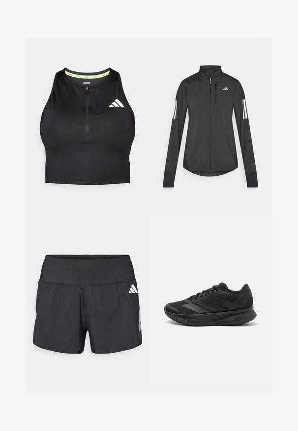 Giacchetto sportivo nero realizzato in materiale leggero. Presenta una chiusura frontale con zip, colletto alto e tre strisce bianche su ciascun manica.; Top sportivo cropped nero con zip sul davanti, realizzato in tessuto morbido. Presenta un colletto interno verde e un logo bianco di lato.; Pantaloncini sportivi neri con una fascia elastica larga in vita, tessuto leggero e dettagli del logo bianco sul lato inferiore.; Scarpa da corsa nera con tomaia in rete traspirante, punta rotonda, design elegante, dettagli testurizzati e suola ammortizzata per il comfort.