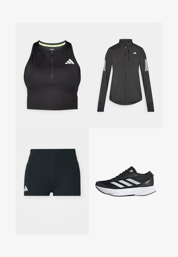 Schwarze Sportjacke aus leichtem Material. Mit einem Frontreißverschluss, hohem Kragen und drei weißen Streifen an jedem Ärmel.; Schwarzes sportliches Crop-Top mit einem Reißverschluss an der Vorderseite, aus glattem Material gefertigt. Verfügt über einen grünen Innenkragen und ein weißes Logo an der Seite.; Schwarze Sportshorts aus elastischem Material, mit hohem Bund, taillierter Form und weißem Adidas-Logo auf der linken Seite.; Schwarze Sportschuh mit einem atmungsaktiven Mesh-Obermaterial, weißen Streifen, einer dicken weißen Zwischensohle und einer strukturierten schwarzen Gummilaufsohle.
