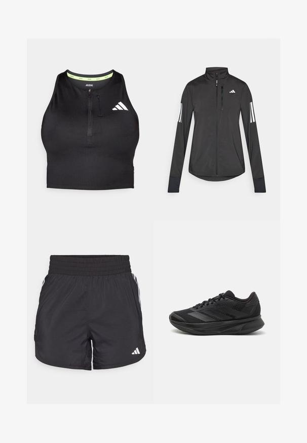 Sort atletisk jakke lavet af let materiale. Har en frontlynlås, høj krave og tre hvide striber på hver ærme.; Sort trænings crop top med lynlås foran, lavet af glat stof. Har en grøn indvendig halsudskæring og et hvidt logo på siden.; Sorte atletiske shorts med elastisk talje, sidelommer og hvid stribeaccent på siderne. Fremstillet af letvægtsmateriale.; Sort løbesko med en åndbar mesh-overdel, afrundet tå, strømlinet design, teksturerede detaljer og en polstret sål for komfort.