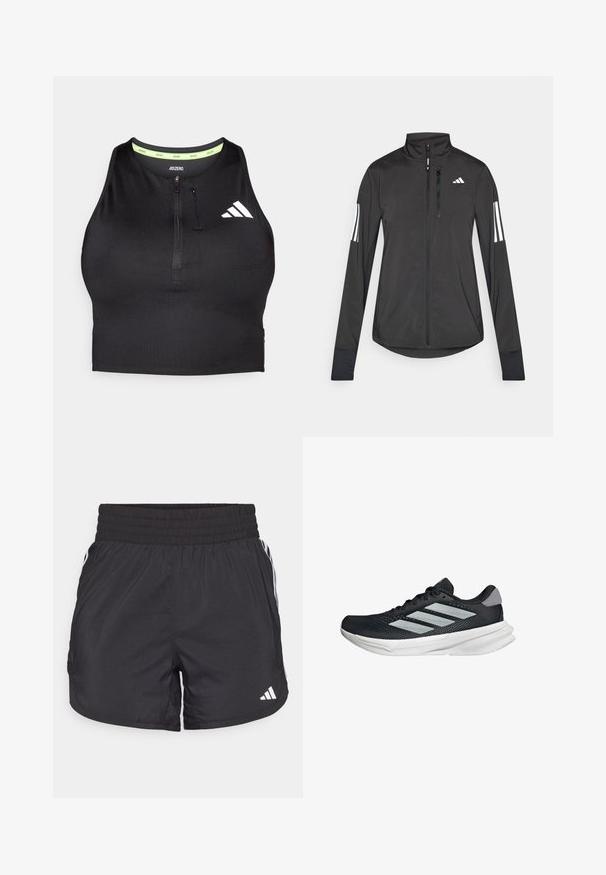 Zwarte sportjack gemaakt van lichtgewicht materiaal. Voorzien van een ritssluiting aan de voorkant, hoge kraag en drie witte strepen op elke mouw.; Zwarte atletische crop top met een ritssluiting aan de voorkant, gemaakt van gladde stof. Heeft een groene binnenhalslijn en een wit logo aan de zijkant.; Zwarte sportieve shorts met een elastische tailleband, zijzakken en witte streepaccenten aan de zijkanten. Gemaakt van lichtgewicht materiaal.; Zwarte hardloopschoen met een mesh bovenzijde, drie zilveren strepen, witte middenzool en een gestructureerde loopzool. Heeft een gevoerde kraag en een vetersluiting.