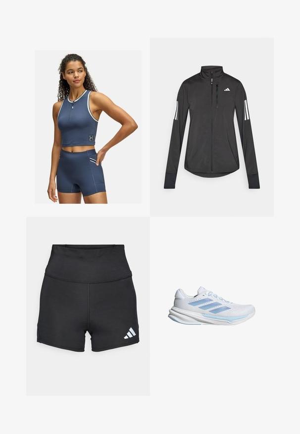 Černá atletická bunda vyrobená z lehkého materiálu. Má přední zip, vysoký límec a tři bílé pruhy na každém rukávu.; Námořnická modrá sportovní crop top s předním zipem a bílými akcenty; spárovaná s šortkami s vysokým pasem, které mají boční kapsu a odpovídající detaily.; adidas Performance Punčochy - black; Bílé běžecké boty s světle modrými akcenty, prodyšný síťovinový svršek, design se třemi pruhy, polstrovaná podrážka a texturovaná trakční podešev.