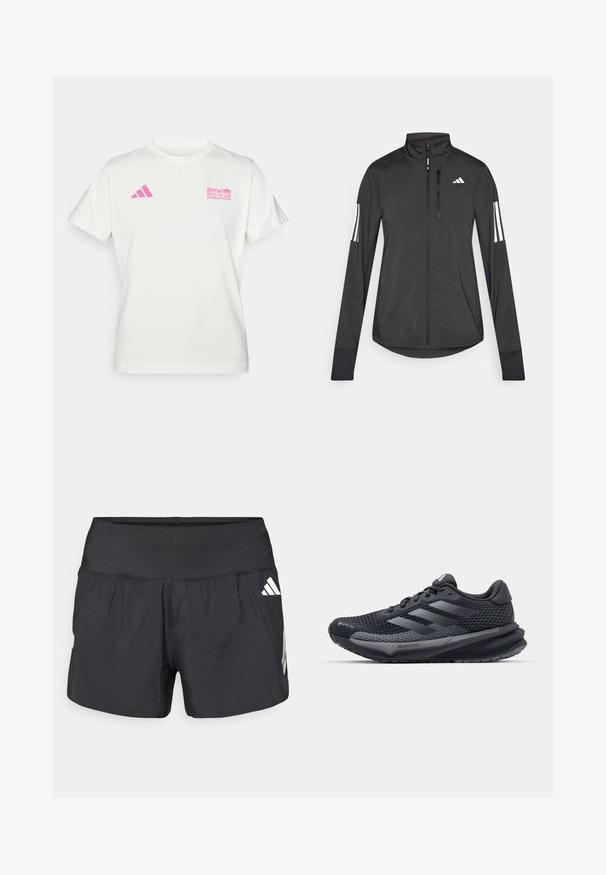 Giacchetto sportivo nero realizzato in materiale leggero. Presenta una chiusura frontale con zip, colletto alto e tre strisce bianche su ciascun manica.; T-shirt bianca a maniche corte con logo rosa Adidas sul lato sinistro del petto e logo del Maratona di Berlino BMW sul lato destro.; Pantaloncini sportivi neri con una fascia elastica larga in vita, tessuto leggero e dettagli del logo bianco sul lato inferiore.; Scarpa da ginnastica nera con parte superiore in rete testurizzata, dettagli riflettenti, suola ammortizzata e design affusolato. Presenta il logo a tre strisce.