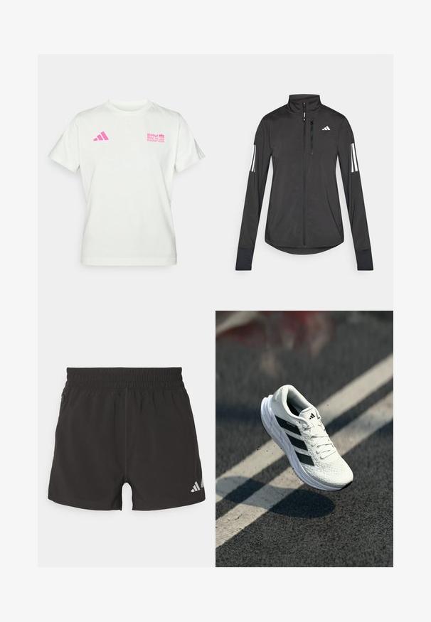 Giacchetto sportivo nero realizzato in materiale leggero. Presenta una chiusura frontale con zip, colletto alto e tre strisce bianche su ciascun manica.; T-shirt bianca a maniche corte con logo rosa Adidas sul lato sinistro del petto e logo del Maratona di Berlino BMW sul lato destro.; Shorts atletici neri realizzati in tessuto leggero. Presentano una vita elasticizzata, una tasca con zip laterale e un logo riflettente sull'orlo.; Scarpa da corsa bianca con tomaia testurizzata, design a tre strisce nere, collare imbottito e suola leggera, posizionata in aria sopra una superficie stradale.