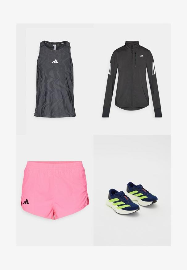 Črna športna jakna iz lahkega materiala. Ima sprednji zadrgo, visok ovratnik in tri bele črte na vsaki rokavi.; Črni tekaški top brez rokavov z teksturiranim, zigzag vzorcem, ki ima belo Adidasovo logo na sredini in okroglo ovratnik.; Svetlo roza atletske kratke hlače z črnim logotipom Adidas na levi strani, z elastičnim pasom in stranskimi razporki za prilagodljivost.; Modre športne copate z mornarsko modro barvo in neon zelenimi črtami, teksturiran zgornji del, oblazinjeni beli podplat, vezalni dizajn in rdeč akcent na jeziku.
