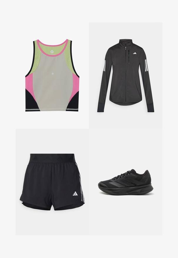 Černá atletická bunda vyrobená z lehkého materiálu. Má přední zip, vysoký límec a tři bílé pruhy na každém rukávu.; Pestrý sportovní crop top s tělem v světle šedé barvě, růžovými, černými a zelenými akcenty a kulatým výstřihem s perforovanými detaily.; Černé sportovní šortky s elastickým pasem, s texturovaným páskem, bočními pruhy a bílým logem Adidas na dolním lemu.; Černé běžecké boty s prodyšným síťovaným svrškem, kulatou špičkou, elegantním designem, texturovanými detaily a polstrovanou podrážkou pro pohodlí.