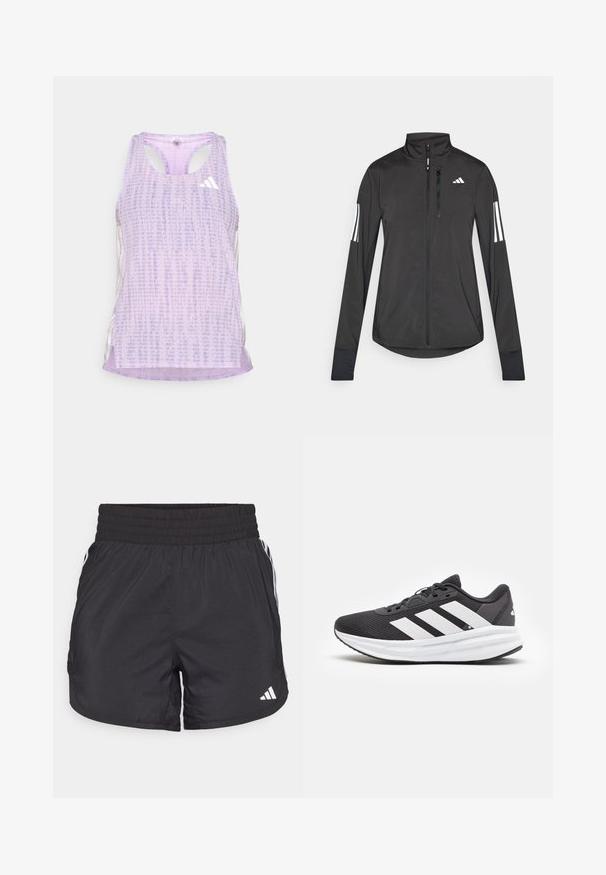 Juodas sportinis švarkas, pagamintas iš lengvos medžiagos. Yra priekinis užtrauktukas, aukšta apykaklė ir trys baltos juostos kiekviename rankovėje.; Violet sportinė tankų viršus su raštuota, tekstūruota medžiaga. Turi išpjovimus šonose ir mažą baltą logotipą priekyje.; Juodos sportinės šortai su elastingu juosmeniu, šoninėmis kišenėmis ir baltais juostelėmis šonuose. Pagaminti iš lengvos medžiagos.; Juodas sportinis batelis su baltais akcentais, pasižymintis tinkleliu viršuje, paminkštintu padu ir trimis baltomis juostomis šone, skirtomis prekės ženklui.