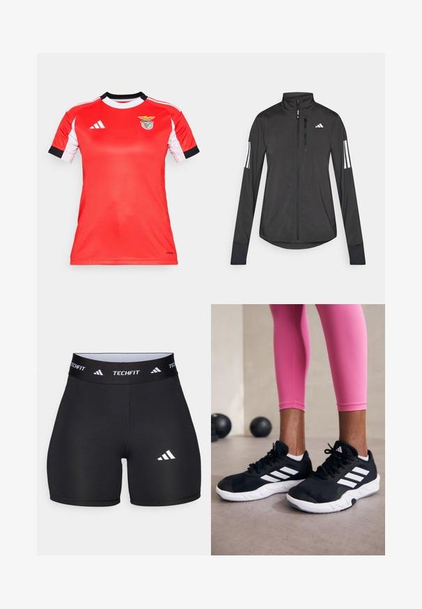 Juodas sportinis švarkas, pagamintas iš lengvos medžiagos. Yra priekinis užtrauktukas, aukšta apykaklė ir trys baltos juostos kiekviename rankovėje.; Raudona sportinė marškinė su trumpomis baltomis rankovėmis ir juodomis detalėmis. Ant krūtinės yra „Benfica“ logotipas. Pagaminti iš pralaidaus audinio.; Juodi šortai, pagaminti iš tamprių medžiagų, su prigludusia forma. Yra platus juodas juosmuo, pažymėtas "TECHFIT", ir baltas logotipas ant kojos.; Juodi sportiniai bateliai su baltais dryžiais, tekstūruota tinklinė viršutinė dalis ir balti padai. Dėvimi su rožiniais leggingais, demonstruojant treniruočių aprangą.