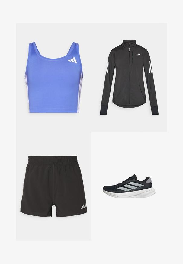 Musta urheilutakki, joka on valmistettu kevyestä materiaalista. Ominaisuuksiin kuuluu etuvetoketju, korkea kaulus ja kolme valkoista raitaa joka hihassa.; Vaaleansininen urheiluliivi, joka on valmistettu joustavasta kankaasta. Siinä on pyöreä kaula-aukko, leveät hihnat ja valkoiset sivuviivat, jossa on logo vasemmalla ylhäällä.; Mustat urheilushortsit, jotka on valmistettu kevyestä materiaalista. Niissä on joustava vyötärönauha, sivutasku vetoketjulla ja heijastava logo hemmassa.; Musta juoksukenkä, jossa on verkko-osa ylhäällä, kolme hopeista raitaa, valkoinen välipohja ja teksturoitu pohja. Varustettu pehmustetulla nilkkaremmeillä ja nauhakiinnityksellä.