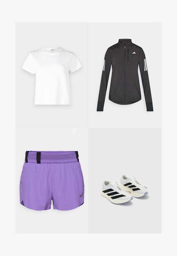 Czarna sportowa kurtka wykonana z lekkiego materiału. Posiada zamek błyskawiczny z przodu, wysoki kołnierz oraz trzy białe paski na każdym rękawie.; Agolde ADINE SHRUNKEN biały; ASICS METARUN liliowy; Białe buty sportowe z czarnymi paskami i logo, z siateczkową cholewką, zaokrąglonym noskiem i grubą kremową podeszwą dla amortyzacji.