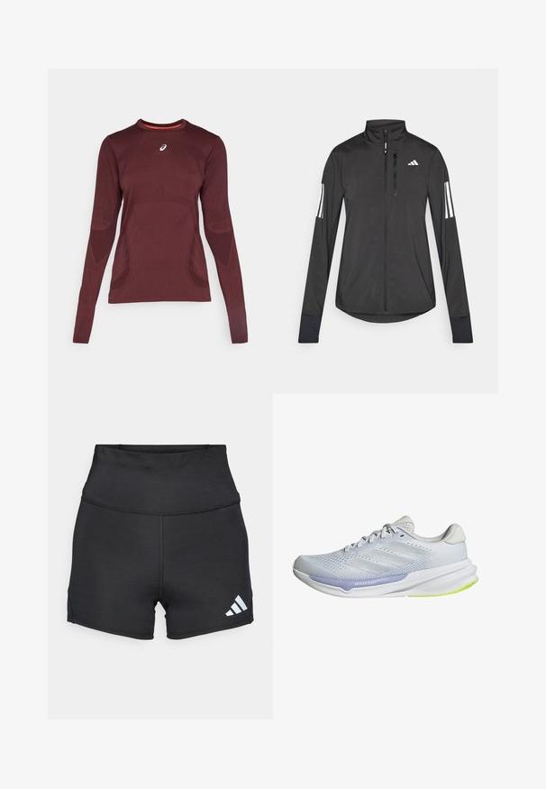 Schwarze Sportjacke aus leichtem Material. Mit einem Frontreißverschluss, hohem Kragen und drei weißen Streifen an jedem Ärmel.; Langärmliges Sportshirt in Burgunderrot mit rundem Ausschnitt und strukturiertem Muster. Verfügt über ein kontrastierendes orangenes Innenfutter und ein Logo auf der Brust.; adidas Performance Tights - black; Weiße Sportschuhe mit einem atmungsaktiven Mesh-Obermaterial, strukturiertem Design und lavendelfarbenen Akzenten. Die Schuhe verfügen über eine gepolsterte Sohle mit grünen Außensohlen-Details.