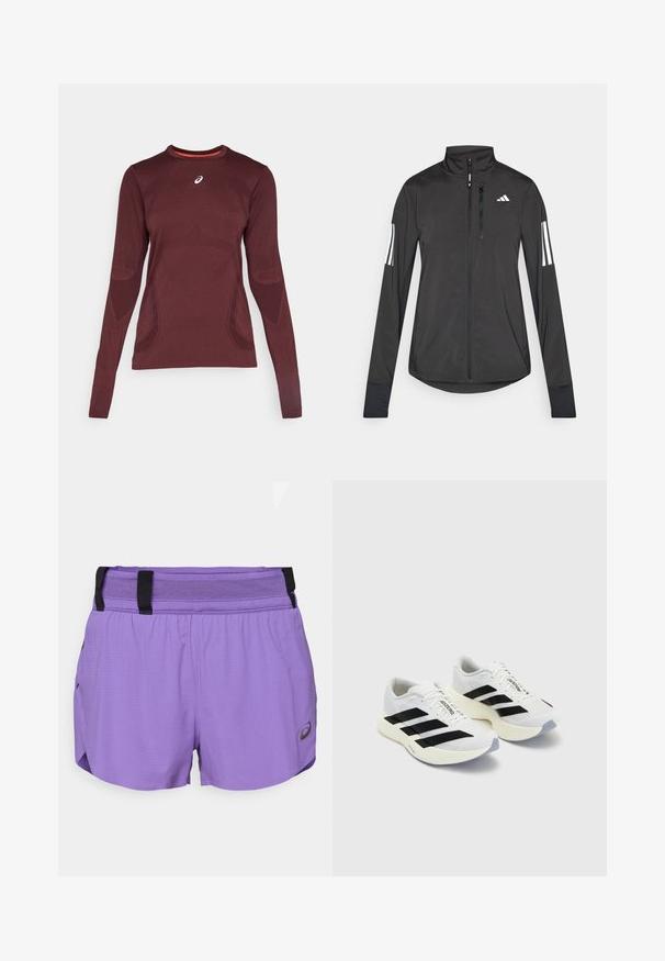 Black athletic jacket made of lightweight material. Features a front zipper, high collar, and three white stripes on each sleeve.; Long-sleeve athletic shirt in burgundy with a round neck and textured pattern. Features contrasting orange inner lining and logo on chest.; ASICS METARUN SPLIT SHORT - Sports shorts - edo purple; White athletic shoes with black stripes and branding, featuring a mesh upper, rounded toe, and thick cream sole for cushioning.