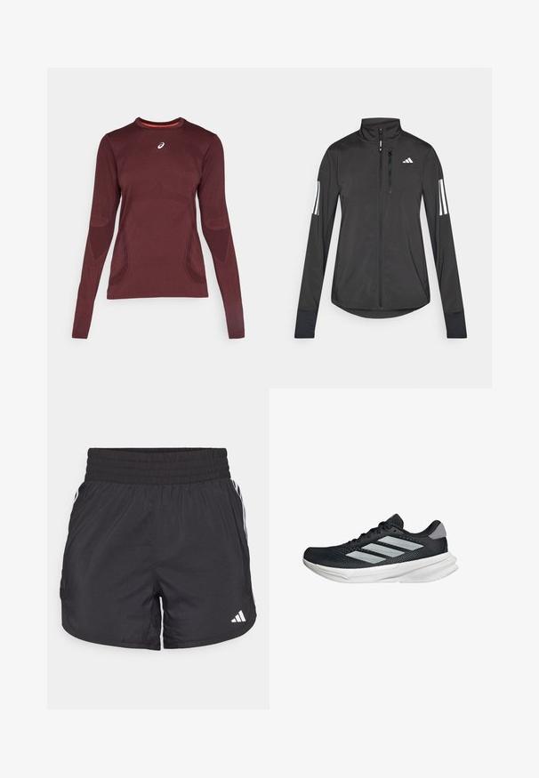Schwarze Sportjacke aus leichtem Material. Mit einem Frontreißverschluss, hohem Kragen und drei weißen Streifen an jedem Ärmel.; Langärmliges Sportshirt in Burgunderrot mit rundem Ausschnitt und strukturiertem Muster. Verfügt über ein kontrastierendes orangenes Innenfutter und ein Logo auf der Brust.; Schwarze Sportshorts mit elastischem Bund, seitlichen Taschen und weißen Streifenakzenten an den Seiten. Hergestellt aus leichtem Material.; Schwarzer Laufschuh mit Mesh-Obermaterial, drei silbernen Streifen, weißer Zwischensohle und strukturiertem Außensohle. Verfügt über einen gepolsterten Schaft und eine Schnürung.