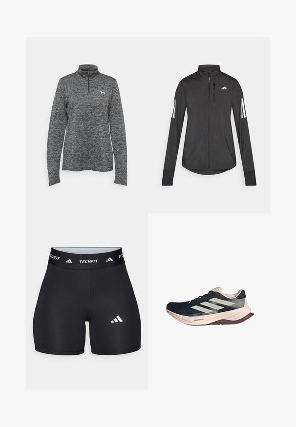 Svart idrottsjacka i lätt material. Har en framzipper, hög krage och tre vita ränder på varje ärm.; Grå långärmad kvartdragning pullover med en texturerad tyg och en liten logotyp på vänster bröstområde. Platt krage och rak nederkant.; Svarta shorts tillverkade av elastiskt material med en figurnära design. Har ett brett svart midjeband märkt "TECHFIT" och en vit logotyp på benet.; Löparskor med en mörkblå meshövre, ljusbeige sula och vit tre-stripes design. Har en strömlinjeformad, aerodynamisk form och texturerade detaljer.