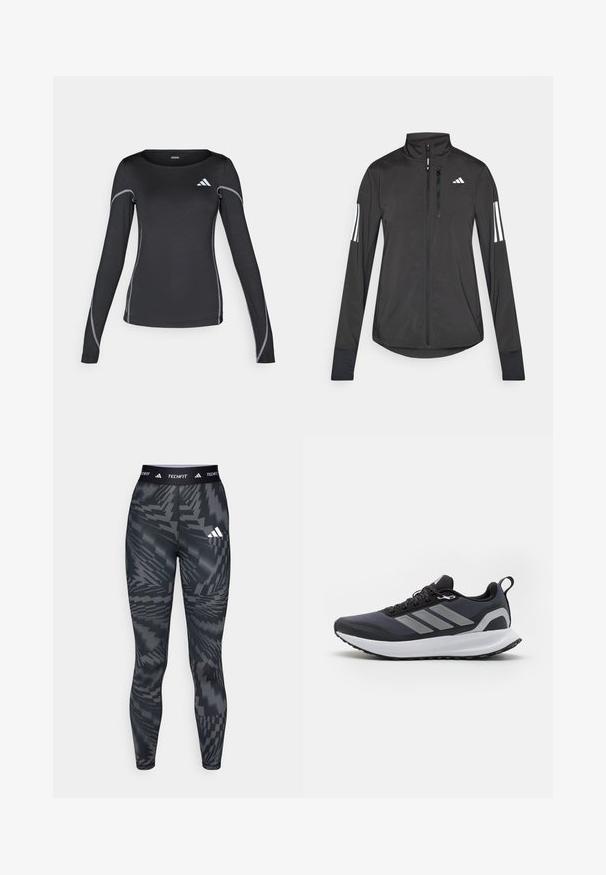 Svart treningsjakke laget av lett materiale. Har glidelås foran, høy krage og tre hvite striper på hver erme.; Svart langermet treningsskjorte med rund hals og reflekterende sølvtråd. Har en liten hvit logo på øvre venstre side.; Svart og grå mønstrede tights med tettsittende passform, laget av glatt materiale, med en elastisk midjebånd merket "TECHFIT" og tre-stripes logo.; Svart atletisk sko med nettingoverdel, hvit mellomsåle, strukturert gummisåle og tre grå striper på siden. Har lisser og en hempe.