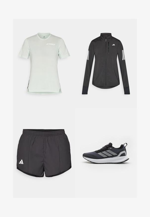 Musta urheilutakki, joka on valmistettu kevyestä materiaalista. Ominaisuuksiin kuuluu etuvetoketju, korkea kaulus ja kolme valkoista raitaa joka hihassa.; Vaalean mintunvihreä lyhythihainen urheilupaita, jossa on hengittäviä verkko-osiota, valkoinen TERREX-logo, pyöreä kaula-aukko, sivuaukot ja pehmeä rakenne.; Mustat urheilushortsit kevyestä kankaasta, joissa on joustava vyötärö ja valkoinen Adidas-logo vasemmassa alakulmassa.; Musta urheilukenkä, jossa on verkkomateriaalia yläosassa, valkoinen välipohja, teksturoitu kumipohja ja kolme harmaata raitaa sivussa. Varusteena nauhat ja vetoketju.