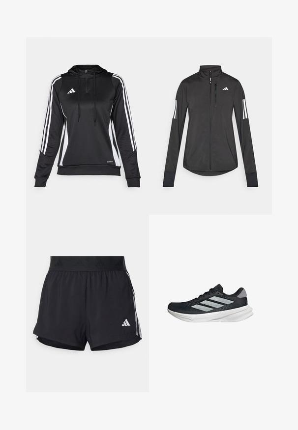 Musta urheilutakki, joka on valmistettu kevyestä materiaalista. Ominaisuuksiin kuuluu etuvetoketju, korkea kaulus ja kolme valkoista raitaa joka hihassa.; Musta urheilullinenhuppari, jossa on puoliveto, huppu ja valkoiset sivupaneelit. Valmistettu sileästä, kevyestä kankaasta, jossa on muotoiltu malli ja säädettävät nauhat.; Mustat urheilushortsit, joissa on joustava vyötärö, jossa on teksturoitu nauha, sivuraidat ja valkoinen Adidas-logo alahelman kohdalla.; Musta juoksukenkä, jossa on verkko-osa ylhäällä, kolme hopeista raitaa, valkoinen välipohja ja teksturoitu pohja. Varustettu pehmustetulla nilkkaremmeillä ja nauhakiinnityksellä.