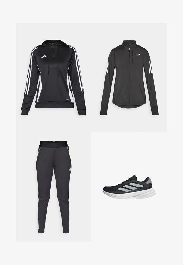 Black athletic jacket made of lightweight material. Features a front zipper, high collar, and three white stripes on each sleeve.; Black athletic pullover with a half-zip, hood, and white side stripes. Made of smooth, lightweight fabric with a fitted design and adjustable drawstrings.; Black athletic pants made of smooth fabric. Features a wide waistband, side pockets with lime green accents, and white branding.; Black running shoe with mesh upper, three silver stripes, white midsole, and textured outsole. Features padded collar and lace closure.