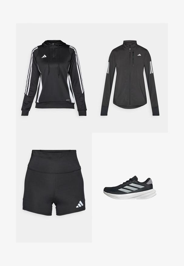 Crni sportski jakna napravljena od laganog materijala. Ima prednji zatvarač, visoki ovratnik i tri bijele pruge na svakoj rukavu.; Crni sportski pulover s polu-zipom, kapuljačom i bijelim bočnim trakama. Izrađen od glatkog, laganog materijala s prilagođenim krojem i podesivim vezicama.; adidas Performance Tajice - black; Crne trkačke tenisice s mrežastim gornjim dijelom, tri srebrne pruge, bijeli srednji sloj i teksturirani potplat. Sadrži podstavljeni ovratnik i zatvaranje s vezicama.