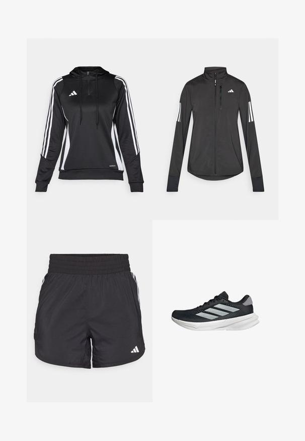 Black athletic jacket made of lightweight material. Features a front zipper, high collar, and three white stripes on each sleeve.; Black athletic pullover with a half-zip, hood, and white side stripes. Made of smooth, lightweight fabric with a fitted design and adjustable drawstrings.; Black athletic shorts with an elastic waistband, side pockets, and white stripe accents on the sides. Made of lightweight material.; Black running shoe with mesh upper, three silver stripes, white midsole, and textured outsole. Features padded collar and lace closure.