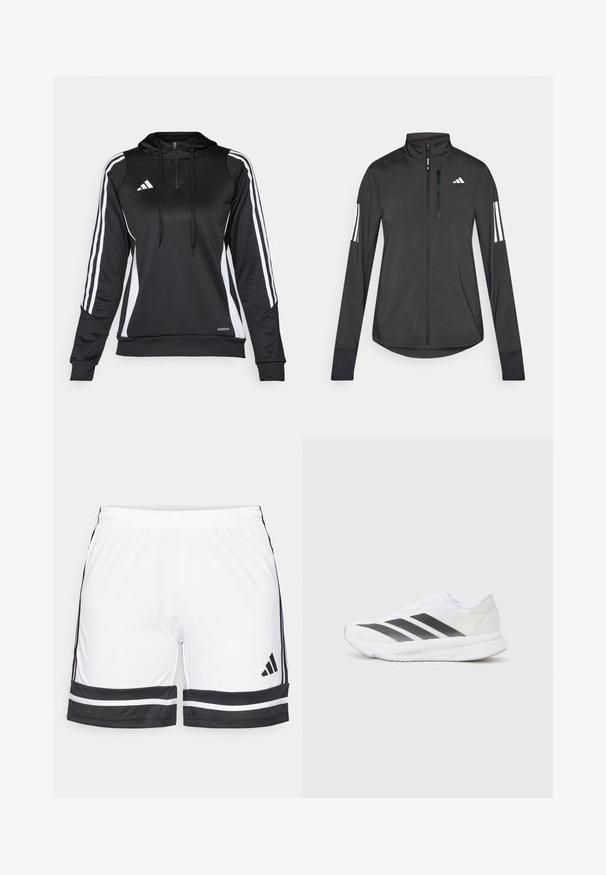 Črna športna jakna iz lahkega materiala. Ima sprednji zadrgo, visok ovratnik in tri bele črte na vsaki rokavi.; Črn atletski pulover z pol-zico, kapuco in belimi stranskimi črtami. Narejen iz gladkega, lahkotnega materiala z prilegnjenim dizajnom in nastavljivimi vrvicami.; Bele atletske kratke hlače z črnimi detajli, ki imajo raztegljiv pas in kontrastne črne črte ob robu in straneh.; Bela atletska čevlja z črnimi diagonali, mrežastim zgornjim delom, zaobljenim nosom in teksturirano podplatom. Dodatki vključujejo srebrno peto in minimalističen dizajn.