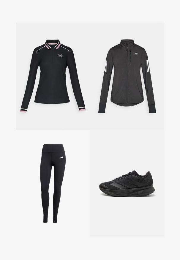 Černá atletická bunda vyrobená z lehkého materiálu. Má přední zip, vysoký límec a tři bílé pruhy na každém rukávu.; Černé polo tričko s dlouhým rukávem a zipovým límcem, s růžovým a černým pruhovaným manžetou a logem EAZ na hrudi. Hladká textilie.; Černé legíny vyrobené z elastického materiálu, s vysokým pasem a malým bílým logem, s hladkým matným povrchem.; Černé běžecké boty s prodyšným síťovaným svrškem, kulatou špičkou, elegantním designem, texturovanými detaily a polstrovanou podrážkou pro pohodlí.
