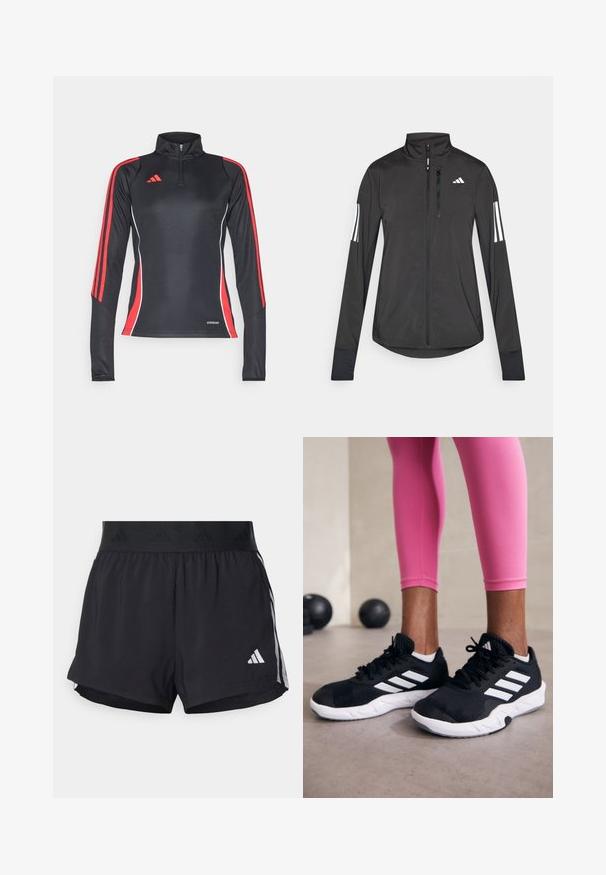 Črna športna jakna iz lahkega materiala. Ima sprednji zadrgo, visok ovratnik in tri bele črte na vsaki rokavi.; Črna športna majica z dolgimi rokavi z rdečimi stranskimi črtami, ovratnikom na zadrgo do polovice in belimi detajli. Oznaka "AEROREADY" na robu.; Črne atletske kratke hlače z elastičnim pasom, ki vsebuje teksturirano obrobo, stranske črte in belo Adidasovo logotip na spodnjem robu.; Črne športne čevlje z belimi črtami, teksturirano mrežasto zgornjišče in belo podplat. Obuti z roza legginsom, ki prikazujejo športno obleko.