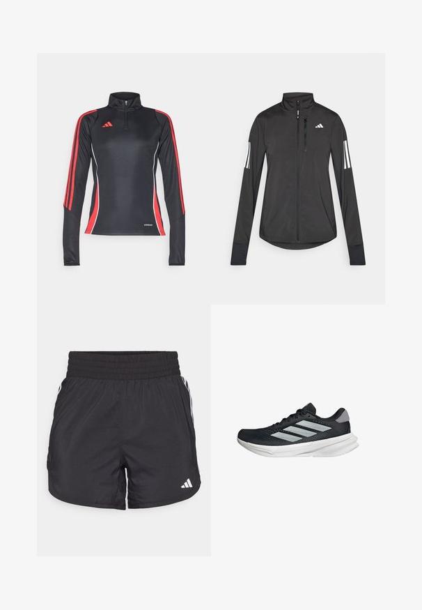 Giacchetto sportivo nero realizzato in materiale leggero. Presenta una chiusura frontale con zip, colletto alto e tre strisce bianche su ciascun manica.; Maglia sportiva nera a maniche lunghe con strisce laterali rosse, colletto con zip a metà e dettagli bianchi. Etichetta "AEROREADY" sull'orlo.; Pantaloni sportivi neri con elastico in vita, tasche laterali e strisce bianche ai lati. Realizzati in materiale leggero.; Scarpa da corsa nera con tomaia in mesh, tre strisce argentate, intersuola bianca e suola testurizzata. Presenta un colletto imbottito e chiusura con lacci.