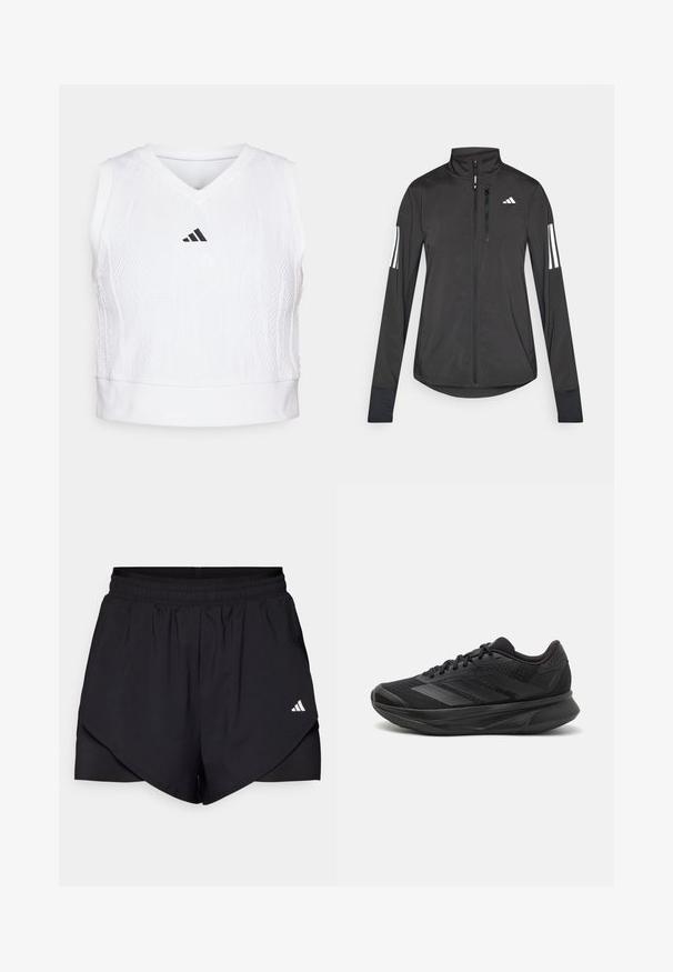 Svart treningsjakke laget av lett materiale. Har glidelås foran, høy krage og tre hvite striper på hver erme.; adidas Performance TENNIS PRO AEROREADY CROP - Topper - white; Svarte sportsshorts med lagdelt design, laget av lett materiale. Har elastisk liv og en liten hvit logo på siden.; Svarte joggesko med pustende mesh-overdel, avrundet tå, slankt design, teksturerte detaljer og en polstret såle for komfort.