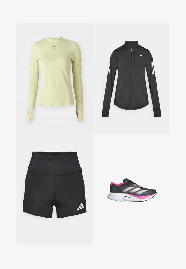Musta urheilutakki, joka on valmistettu kevyestä materiaalista. Ominaisuuksiin kuuluu etuvetoketju, korkea kaulus ja kolme valkoista raitaa joka hihassa.; adidas by Stella McCartney Pitkähihainen paita - halo gold; adidas Performance Trikoot - black; Juoksukengät, joissa on harmaa verkkopinta, vaaleanpunaiset yksityiskohdat ja valkoiset raidat. Varustettu pehmeällä pohjalla ja tyylikkäällä, aerodynaamisella muotoilulla.